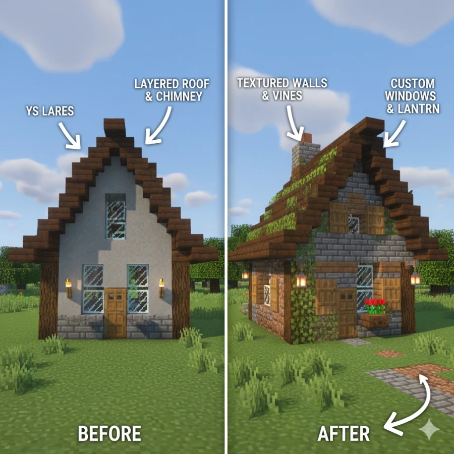 Minecraft Bina İpuçları: 15 Altın İpucu 15 Minecraft önce-sonra kıyaslaması